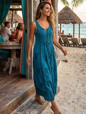 Advance Apparels Teal Blue Lace-Trim Maxi Dress